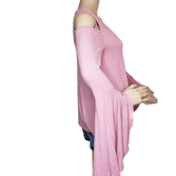 Womens Gaze USA Cold Shoulder Bell Sleeve Top XL Pink Polyester/Cotton - Picture 2 of 6